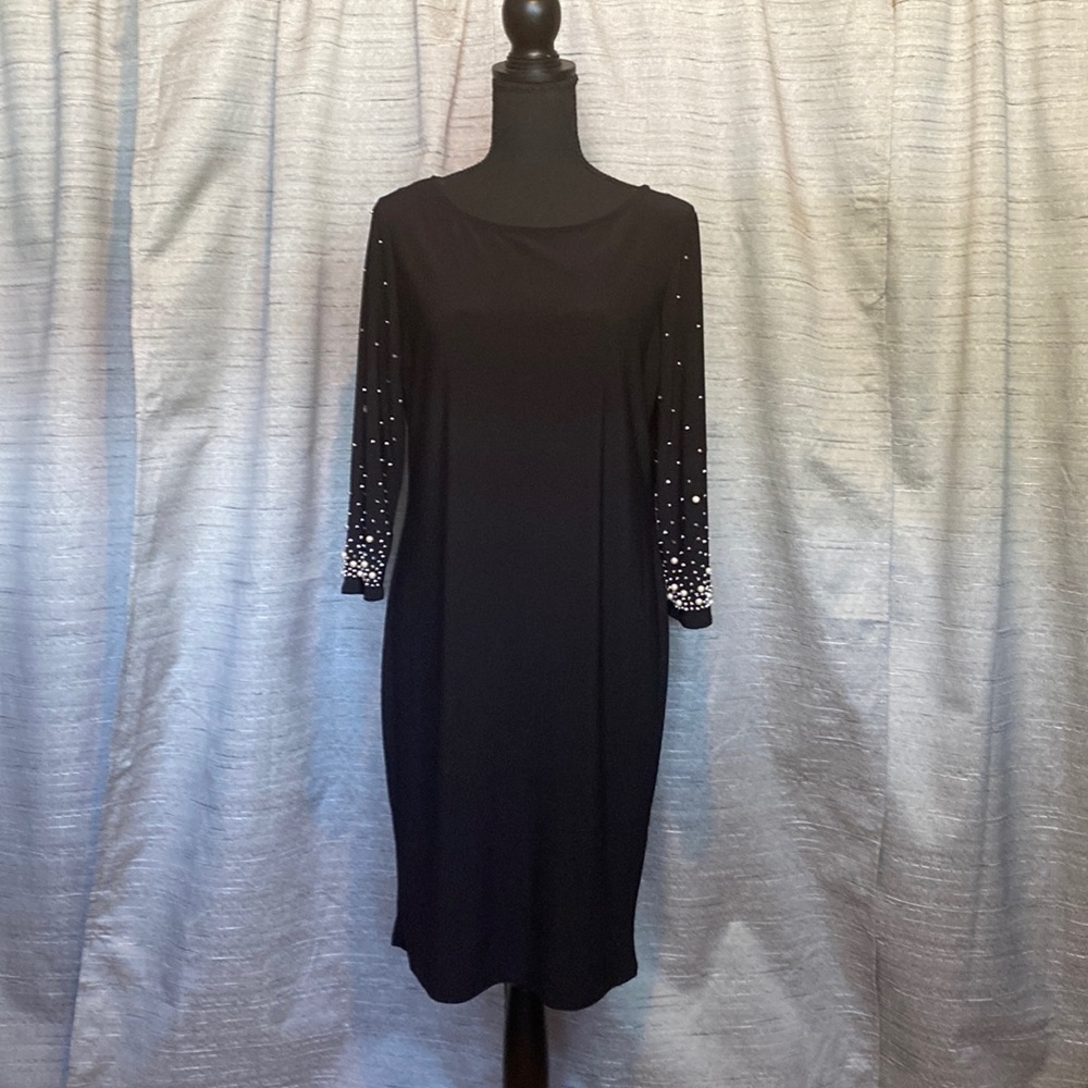 Black Cocktail Dress with Pearl and Rhinestone sleeves. Size Large.